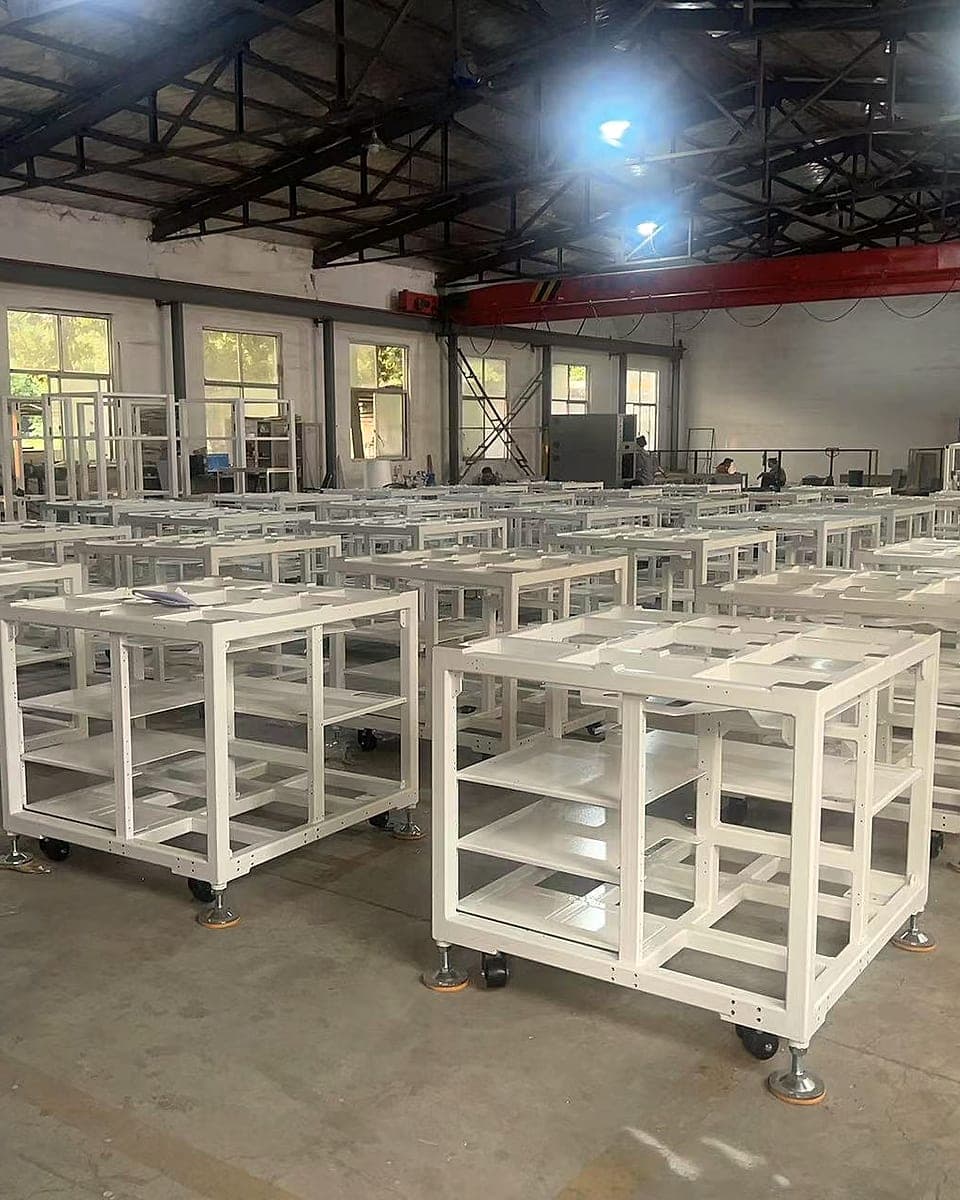Rows of white metal frames on caster wheels in a workshop