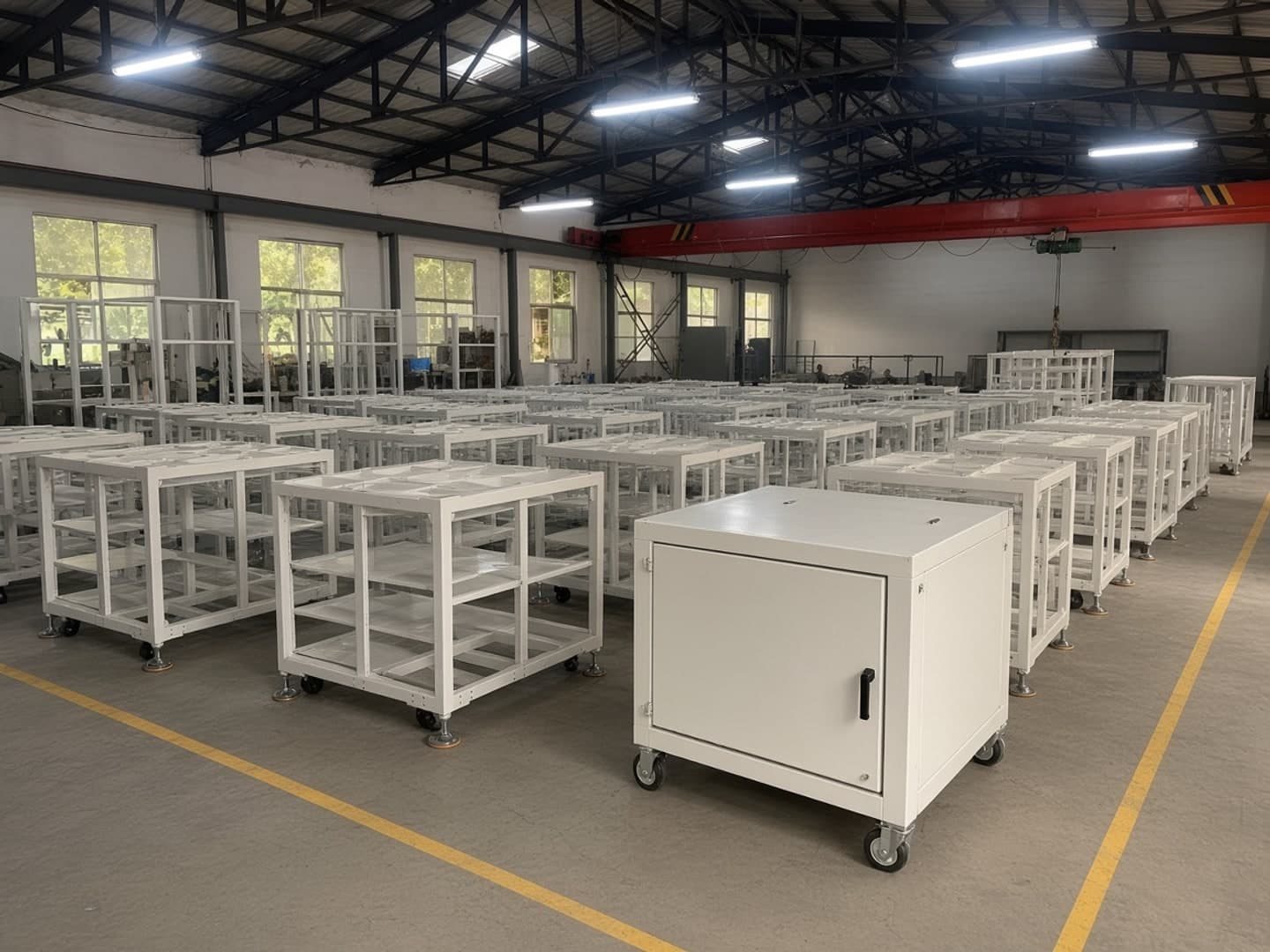 Illustrative configuration of a high-temperature bake oven and white panels in a workshop