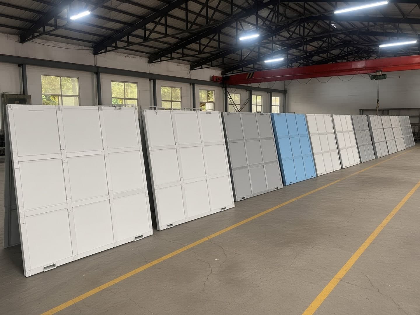Illustrative configuration of powder-coated panels set out for a color and film-thickness check